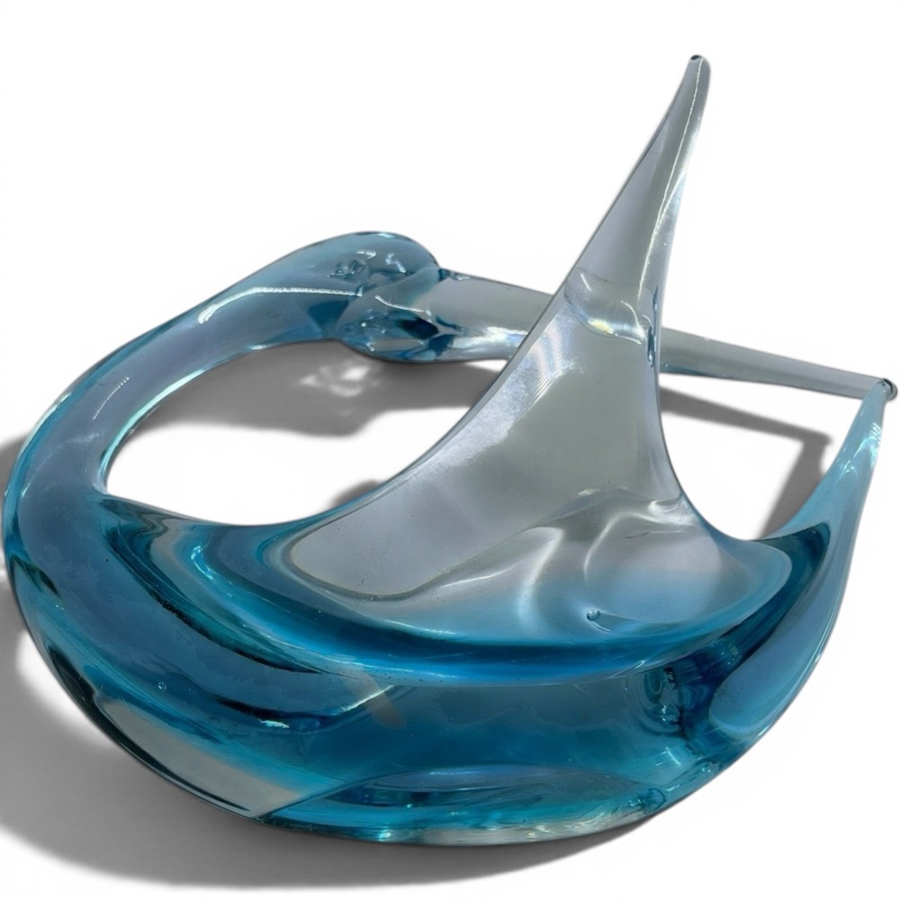 Vintage Blue Art Glass Swan Hand Blown Bowl Dish Trinket Bubbles